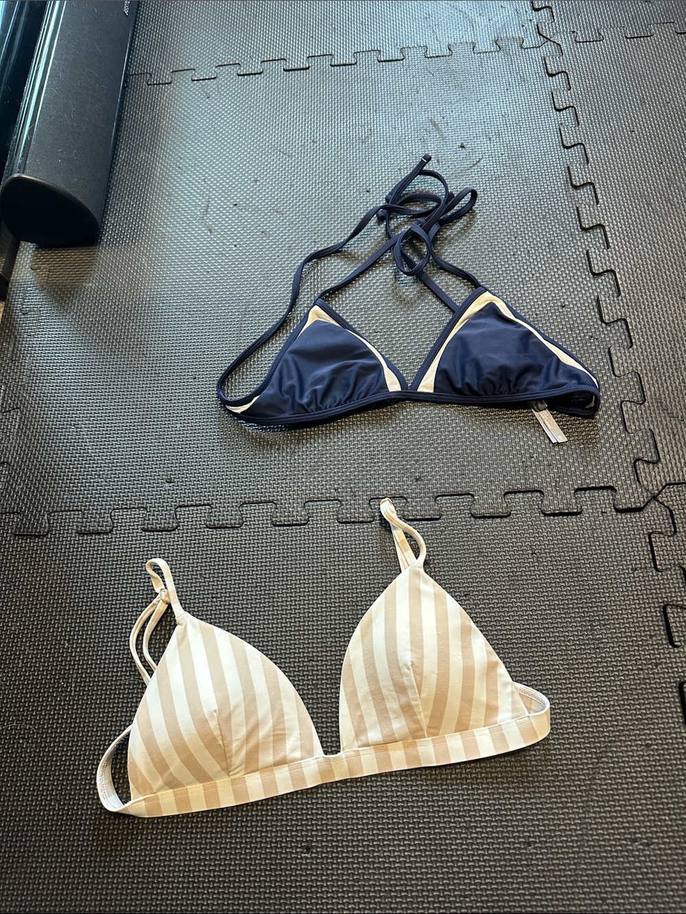 American Eagle Outfitters Navy Triangle & Beige Striped Bikini Tops